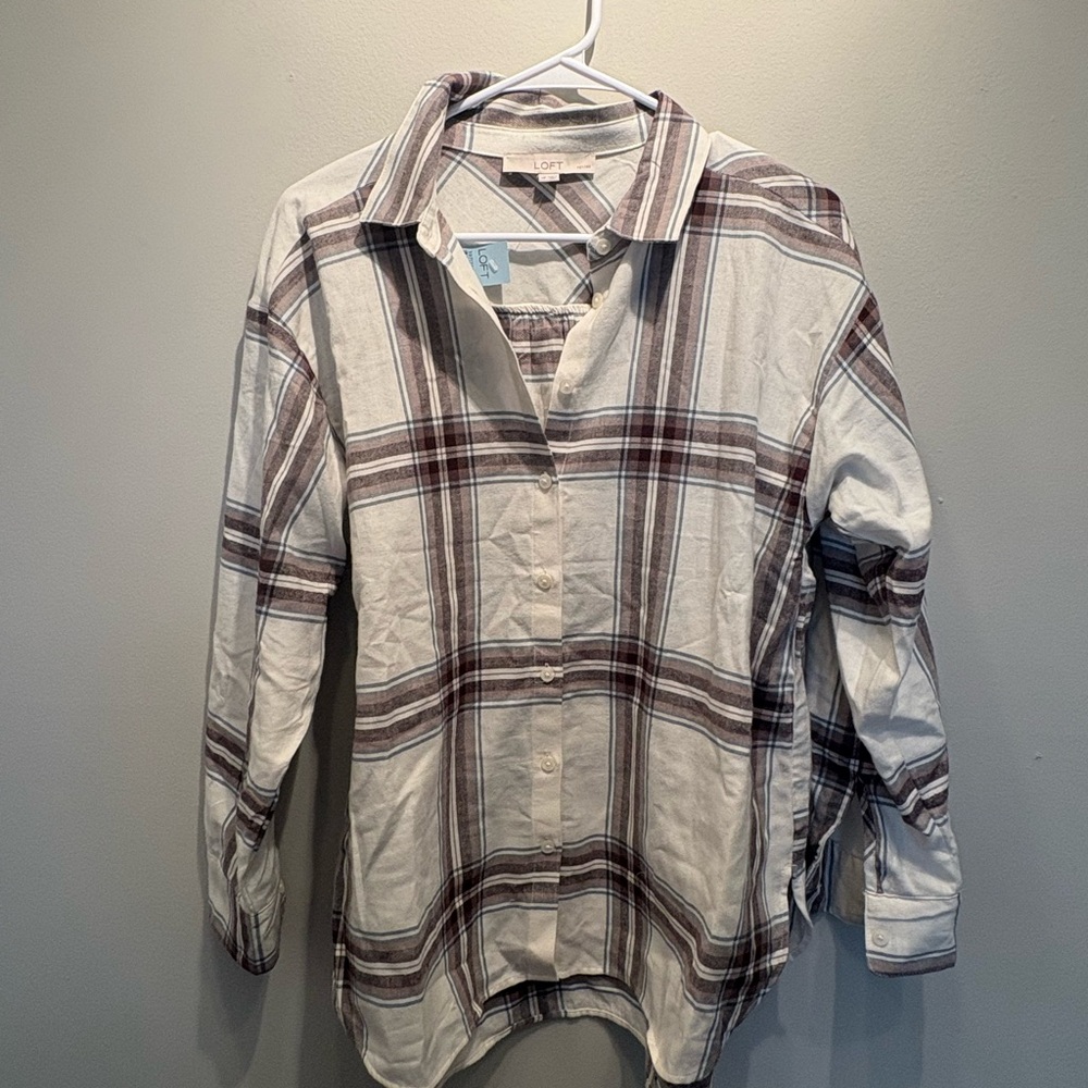 LOFT Plaid Button Down Shirt - White and Brown